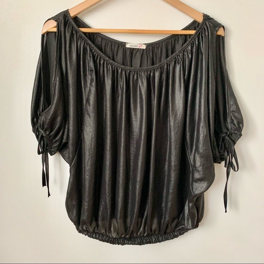 Easel Black Open Sleeve Tie String Blouse